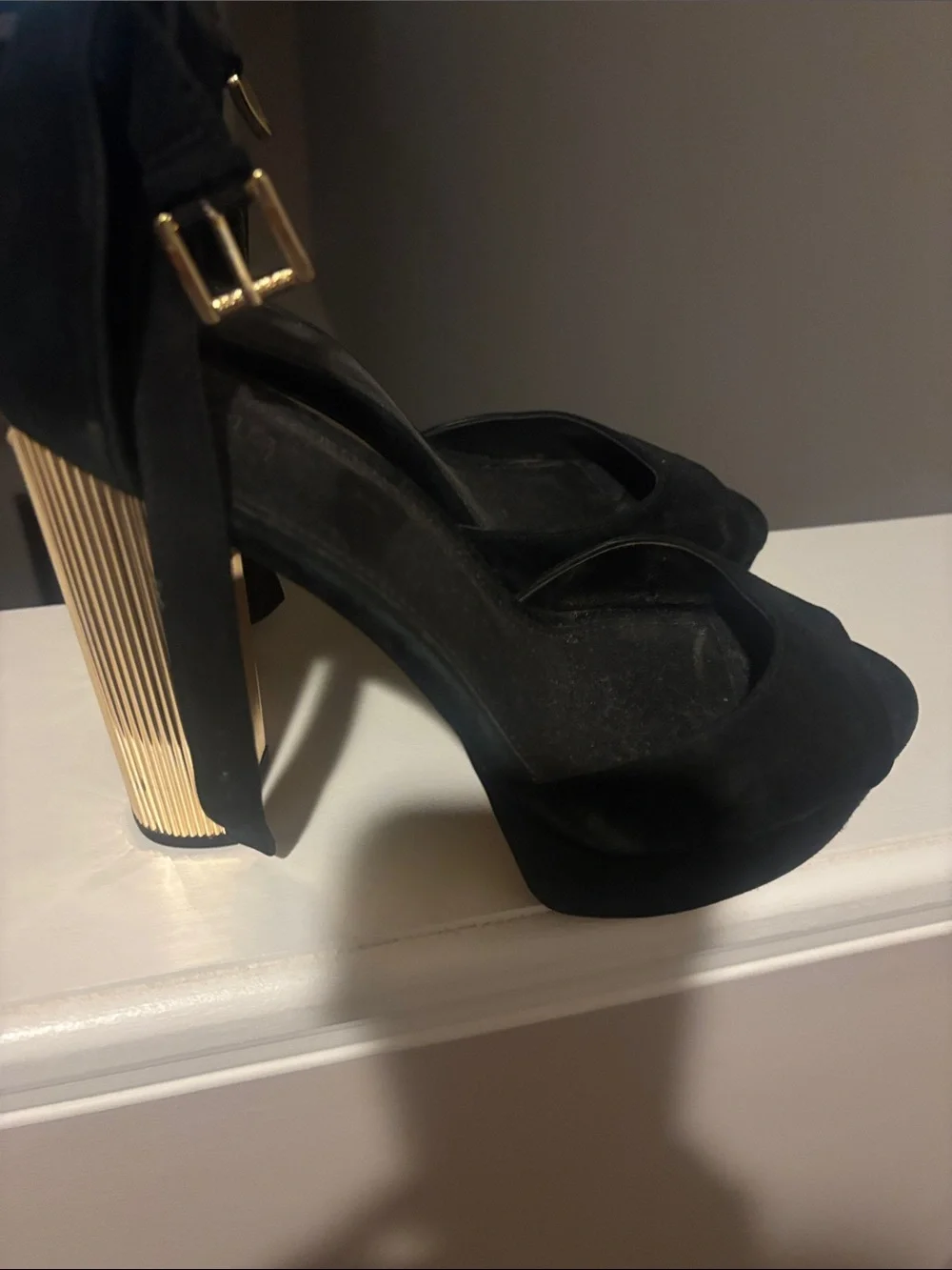 Michael Kors Black Suede Platform Sandals with Gold Ribbed Block Heel